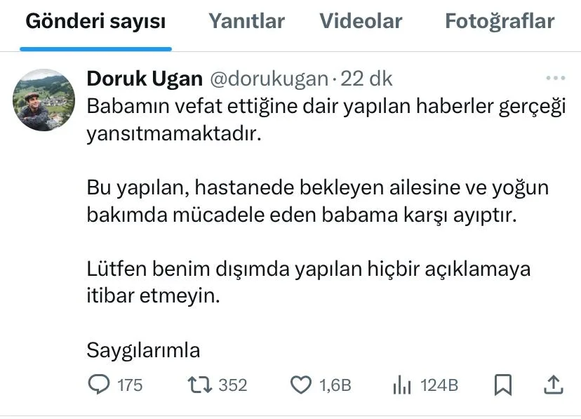 Sabri Ugan İçin "Hayatını Kaybetti" Haberine Yalanlama Sabri Ugan